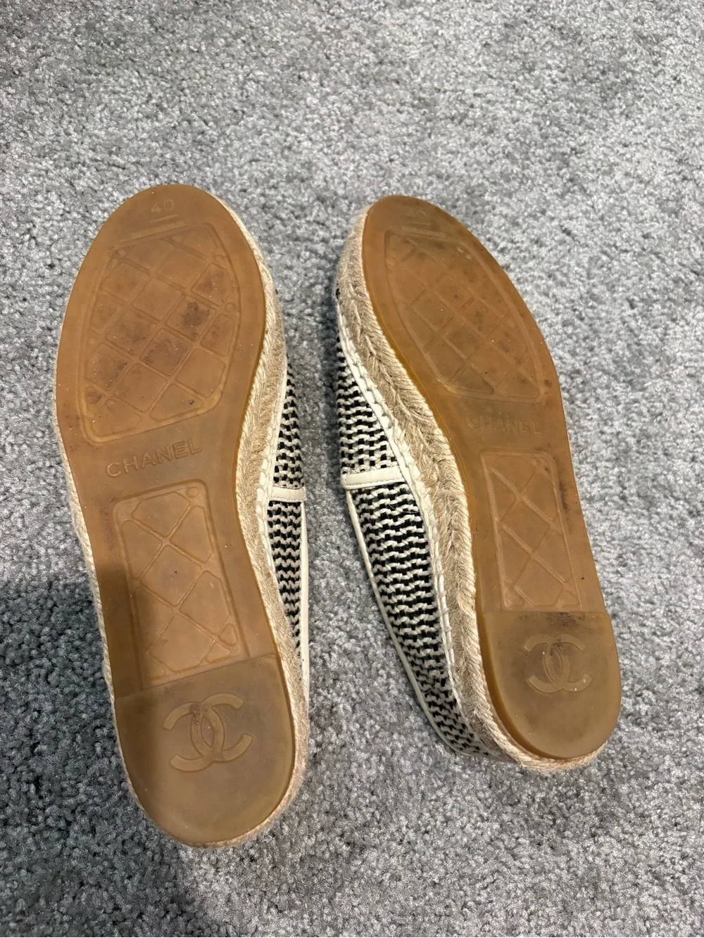 CHANEL Black and Natural Woven Espadrille Flats